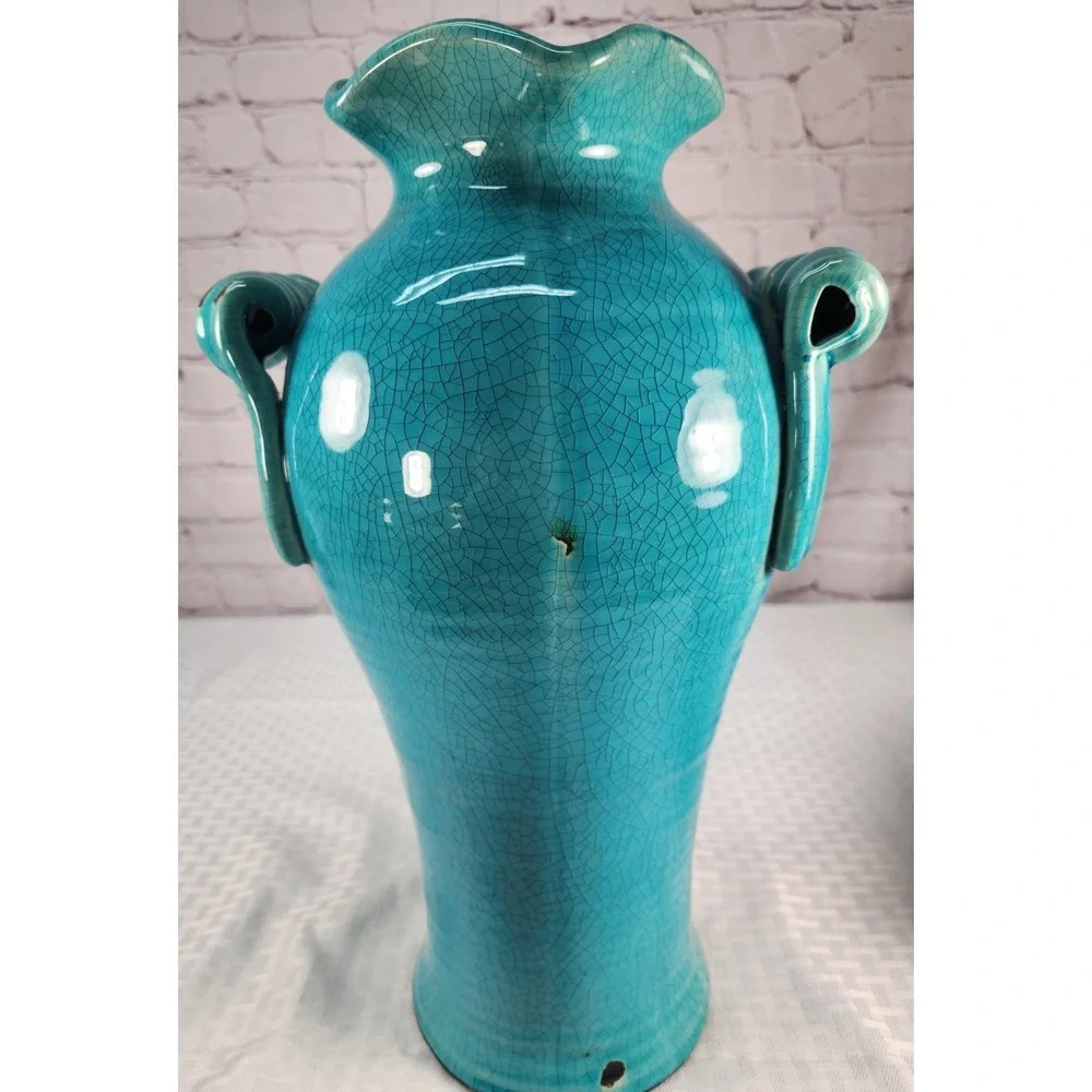 Vtg Large Pottery Vase handles‎ Rustic Glazed Crackled Turquoise